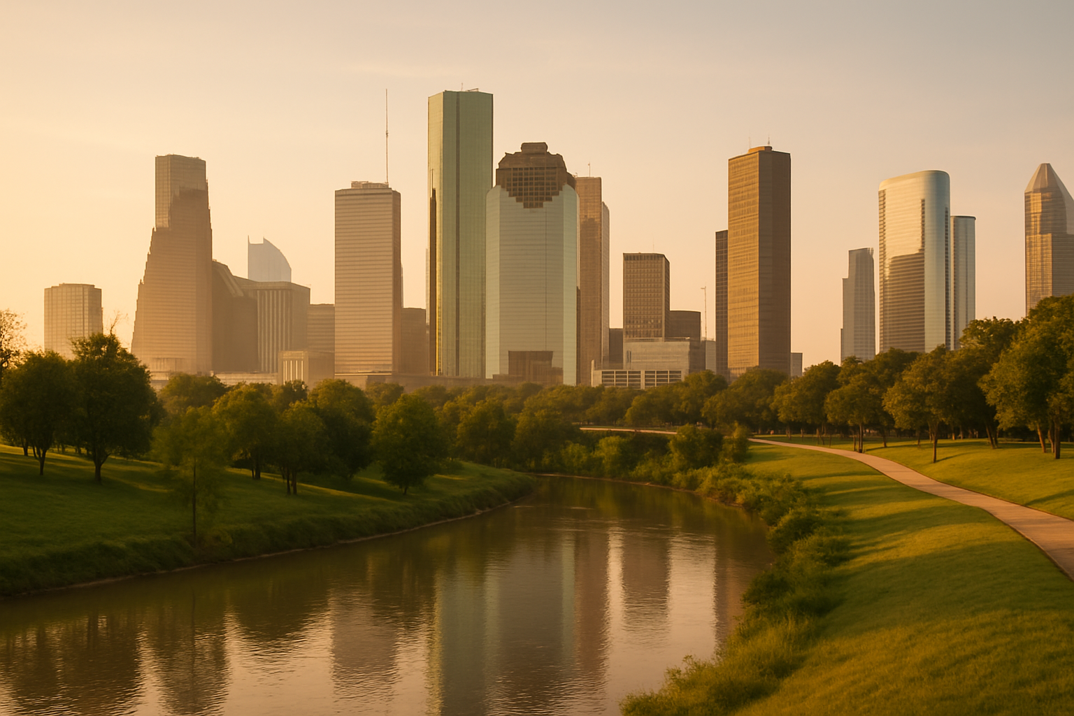 Houston, Texas skyline along the bayou