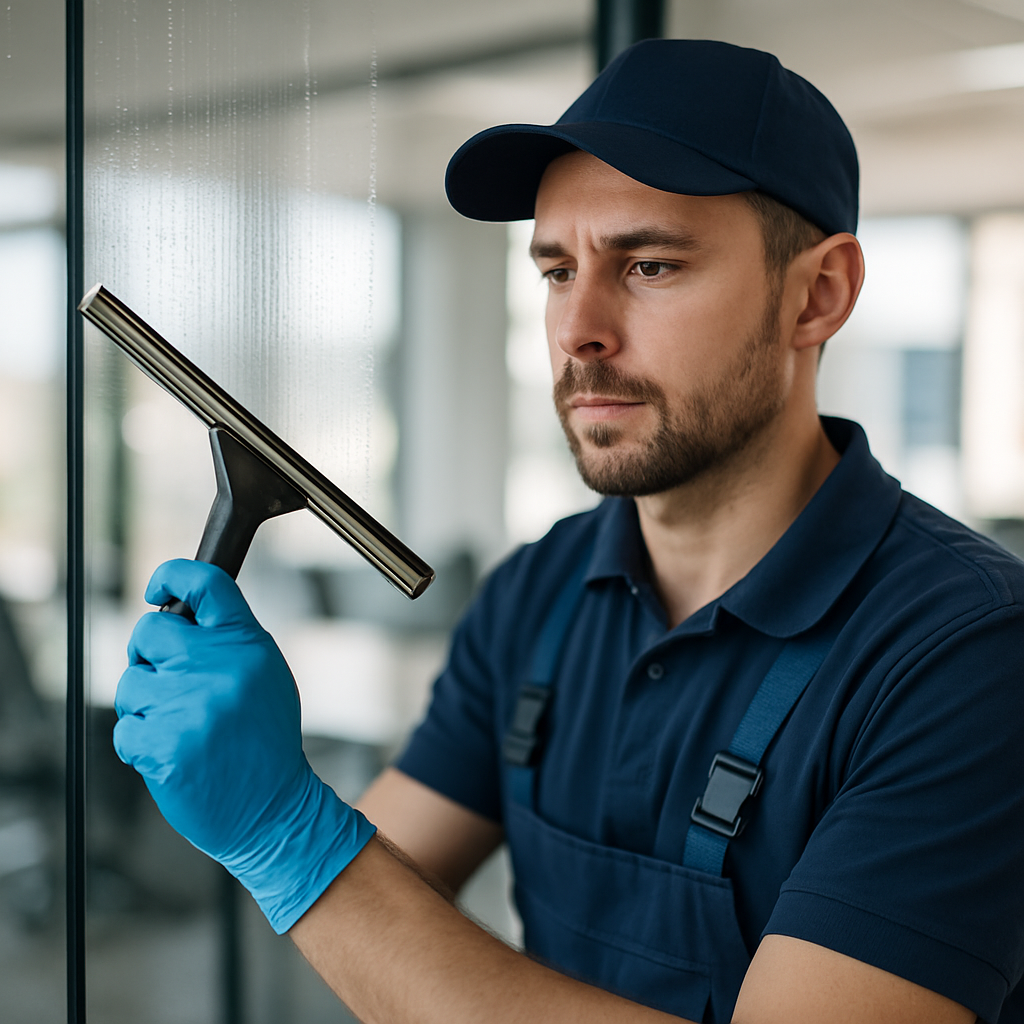 Professional cleaner wiping an office glass partition